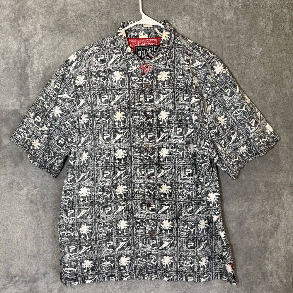Pelagic Fishing Co Men's XL Gray Camp Shirt Fish Print Button Down Reverse Print